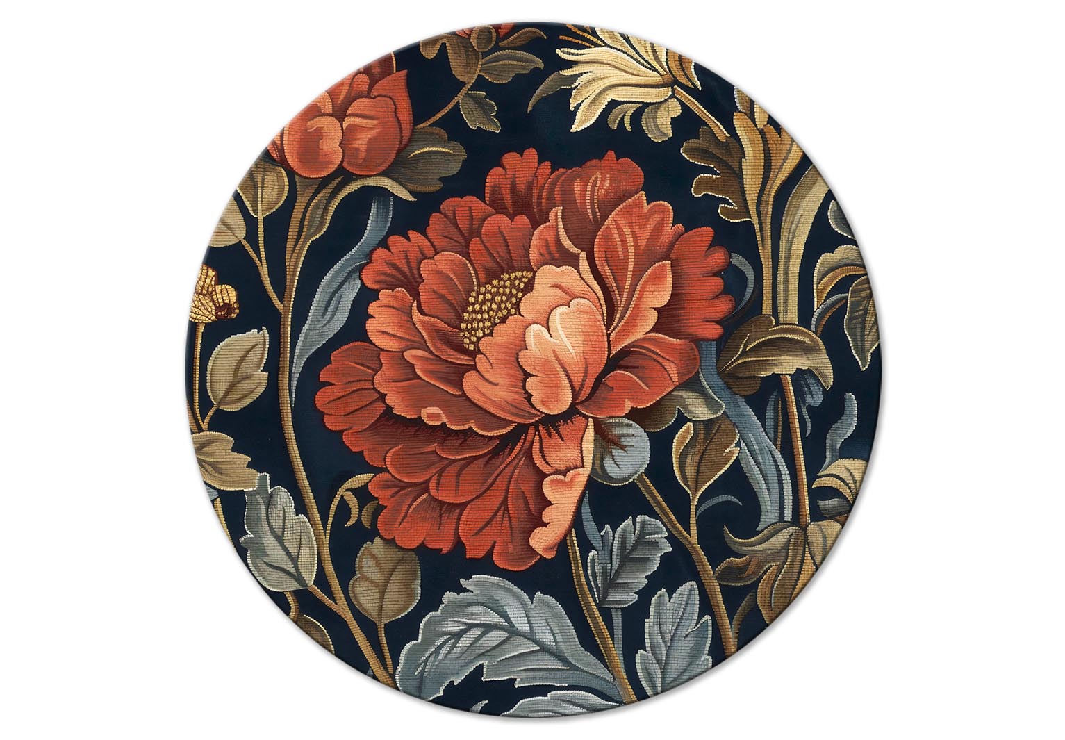 Round Canvas Print - Tapestry Large Flowers Retro Floral Motif in Kilim Style