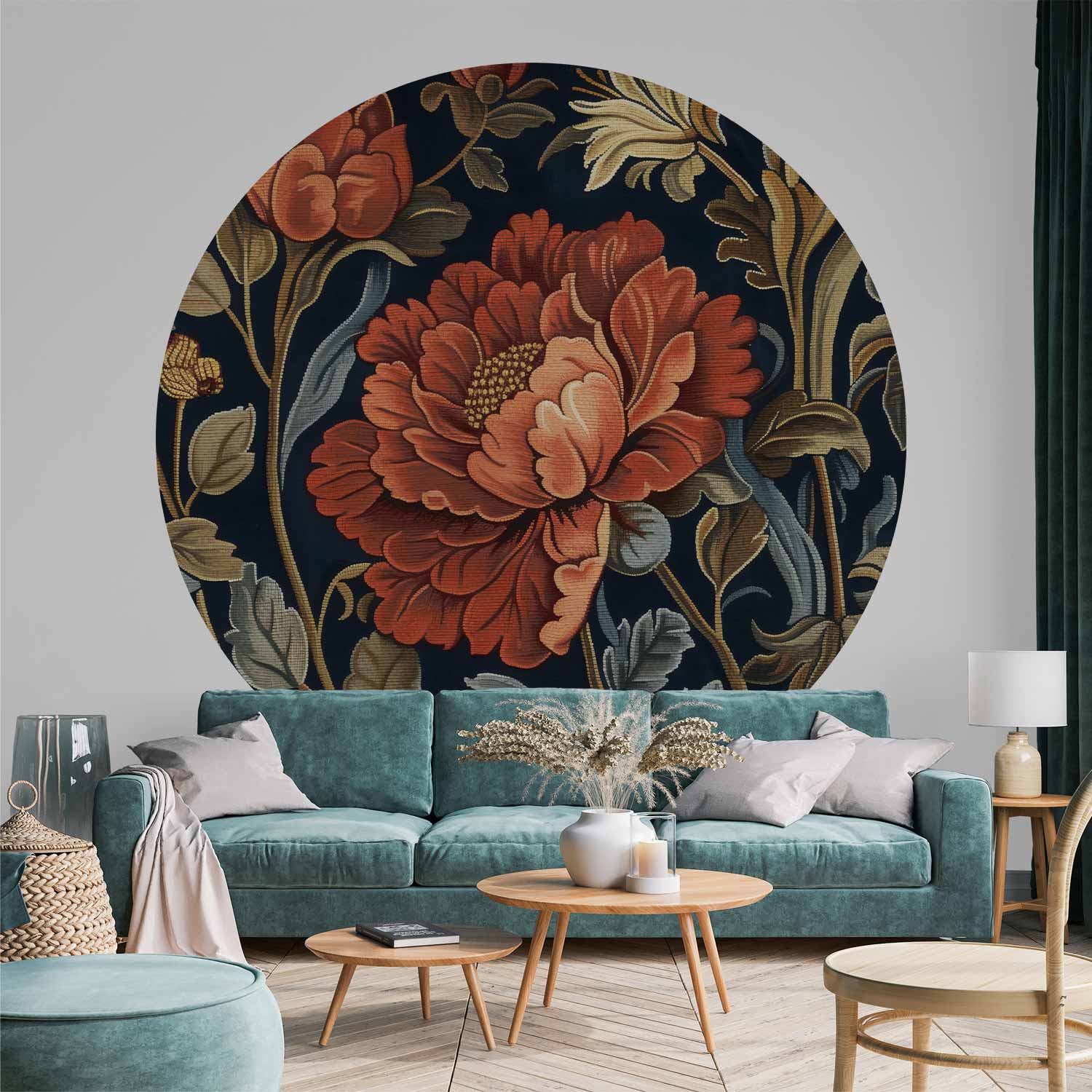Round Wall Mural - Tapestry-Style Large Retro Flowers