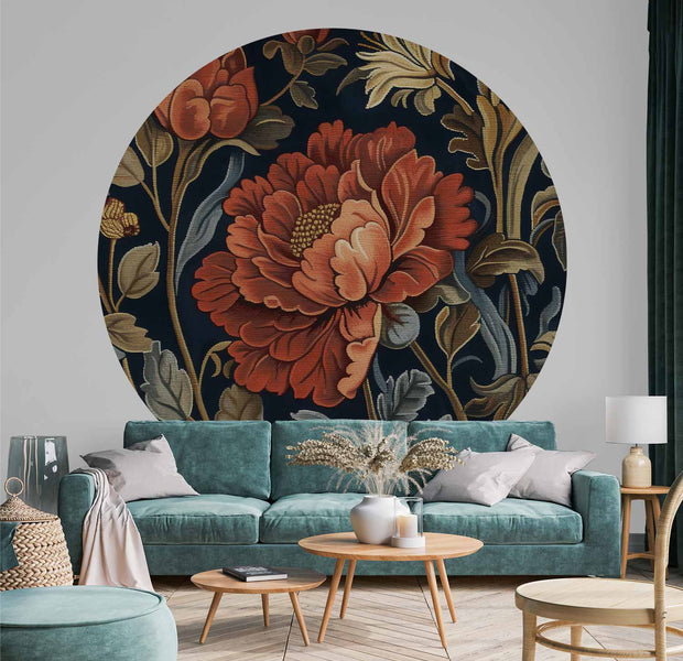 Round Wall Mural - Tapestry-Style Large Retro Flowers