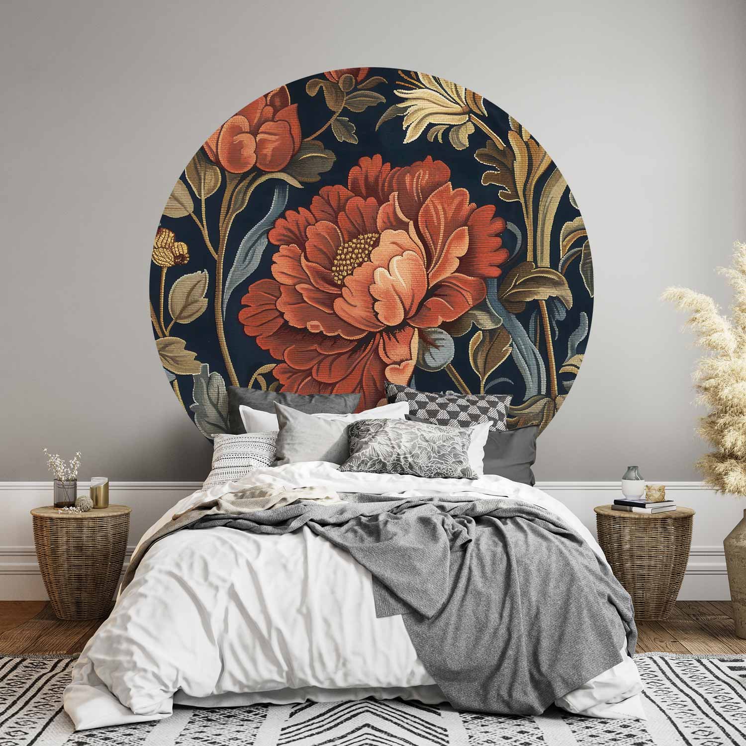 Round Wall Mural - Tapestry-Style Large Retro Flowers