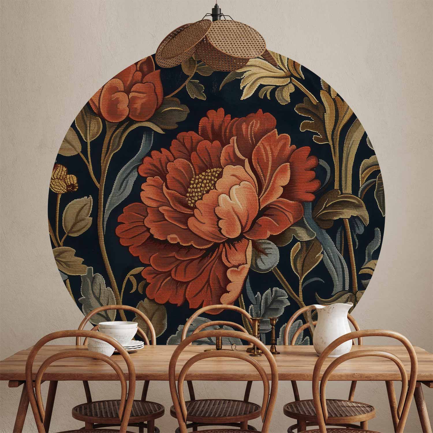 Round Wall Mural - Tapestry-Style Large Retro Flowers