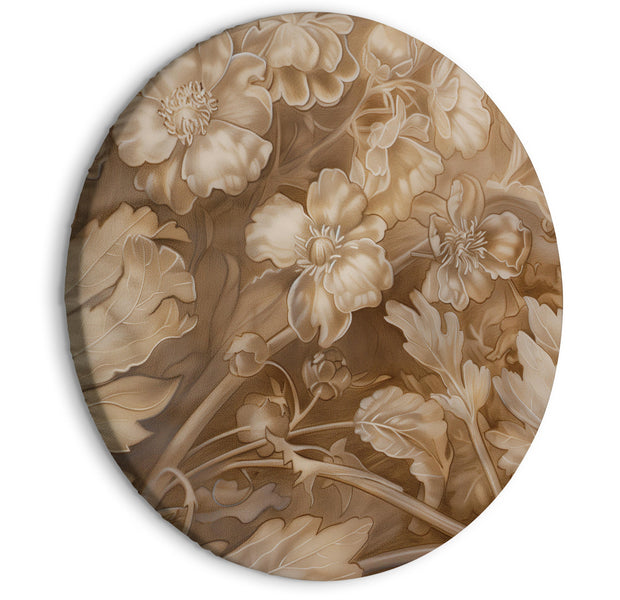 Round Canvas Print - Floral Ornaments Carved in Delicate Sepia and Brown Shades
