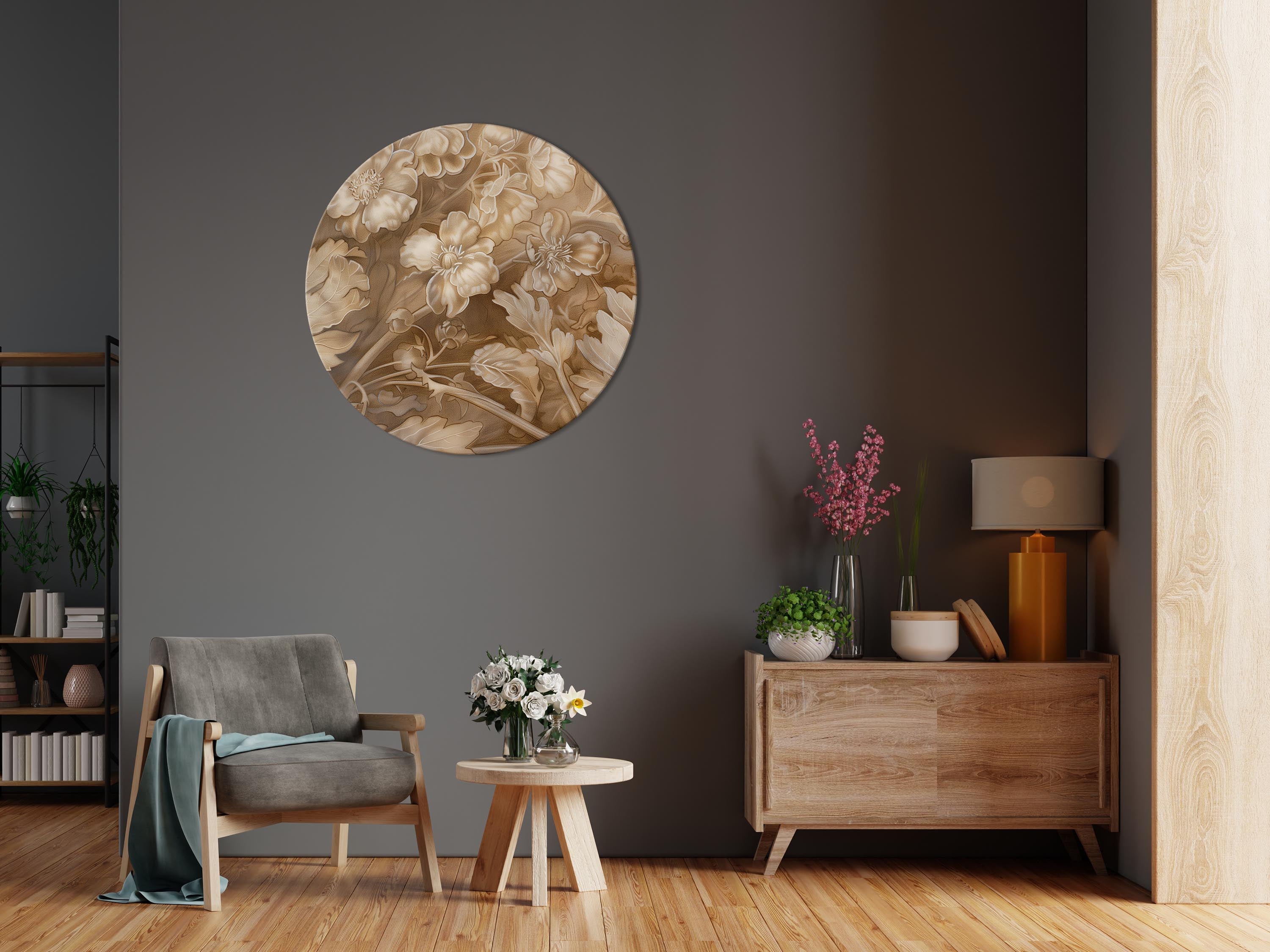 Round Canvas Print - Floral Ornaments Carved in Delicate Sepia and Brown Shades