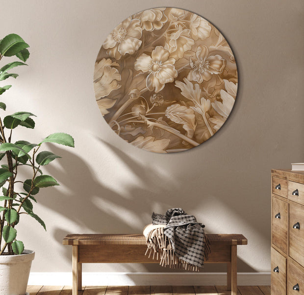 Round Canvas Print - Floral Ornaments Carved in Delicate Sepia and Brown Shades