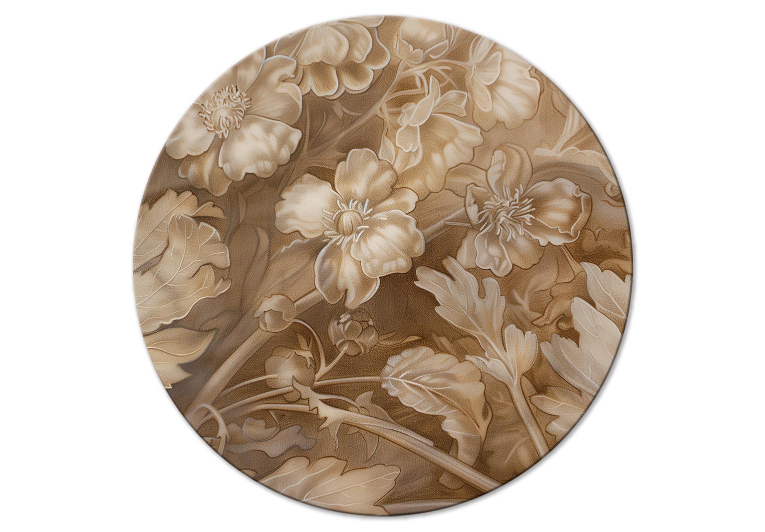 Round Canvas Print - Floral Ornaments Carved in Delicate Sepia and Brown Shades