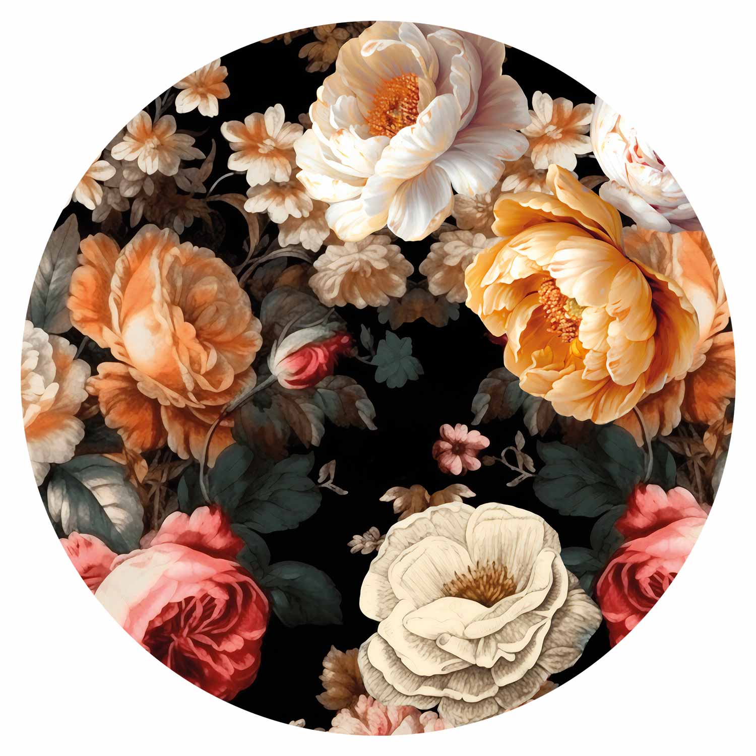 Round Wall Mural - Colourful Flowers On A Black Background