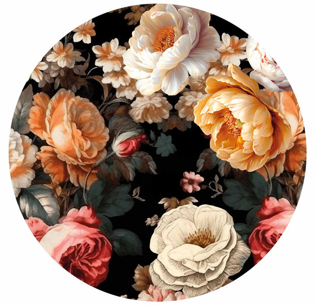 Round Wall Mural - Colourful Flowers On A Black Background