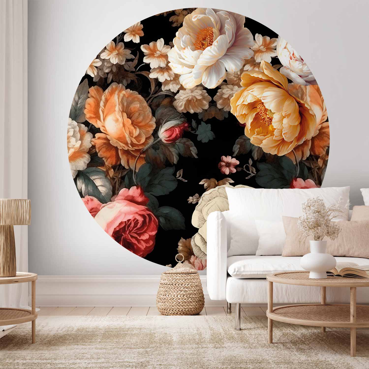 Round Wall Mural - Colourful Flowers On A Black Background