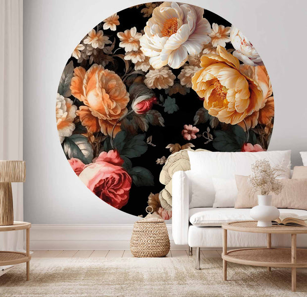 Round Wall Mural - Colourful Flowers On A Black Background