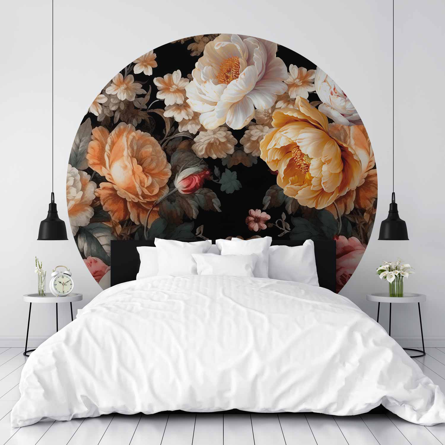 Round Wall Mural - Colourful Flowers On A Black Background