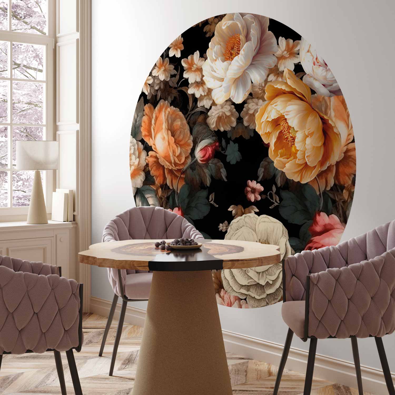 Round Wall Mural - Colourful Flowers On A Black Background