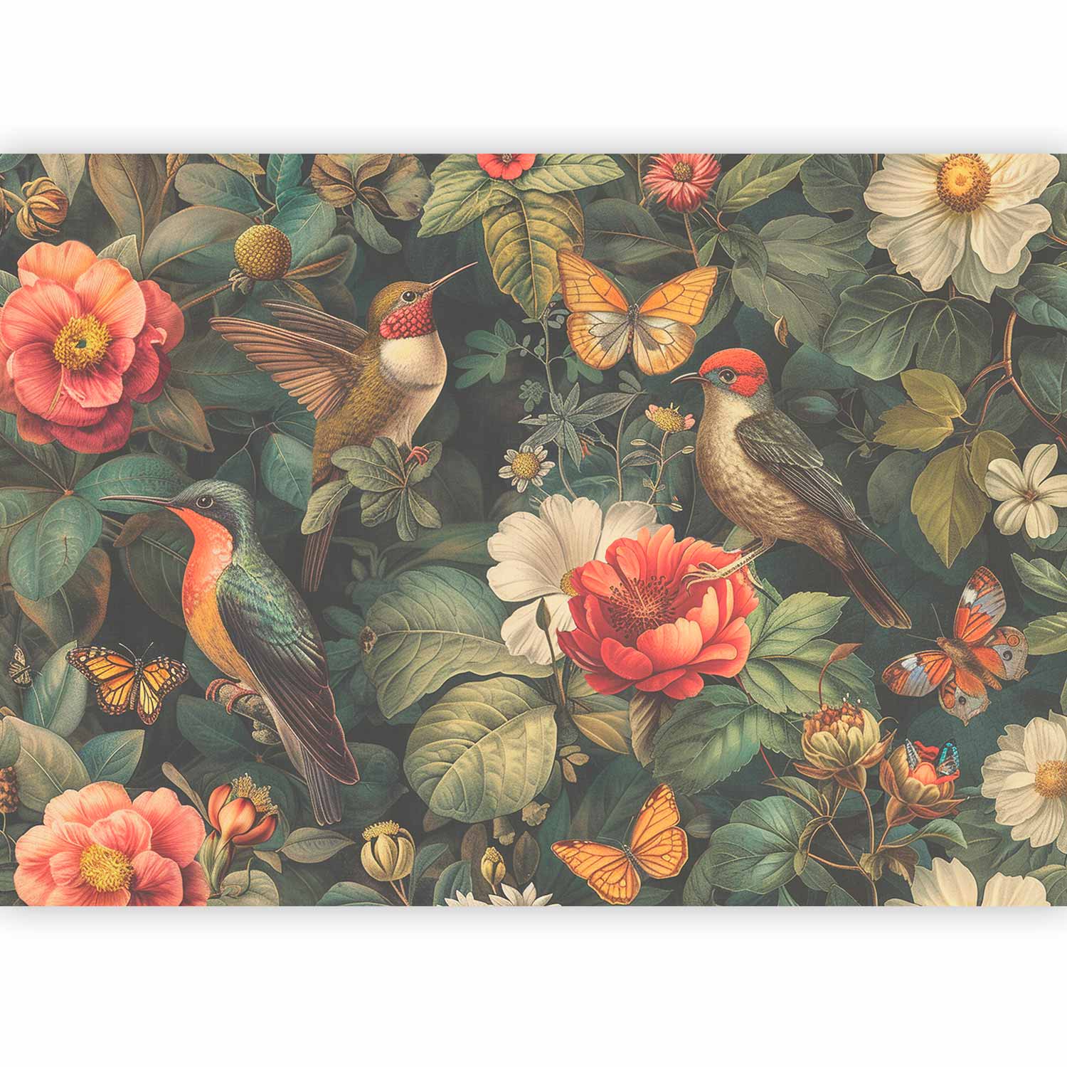 Premium Floral Wall Mural - Flowers, Birds And Butterflies – Vintage-Style Illustration