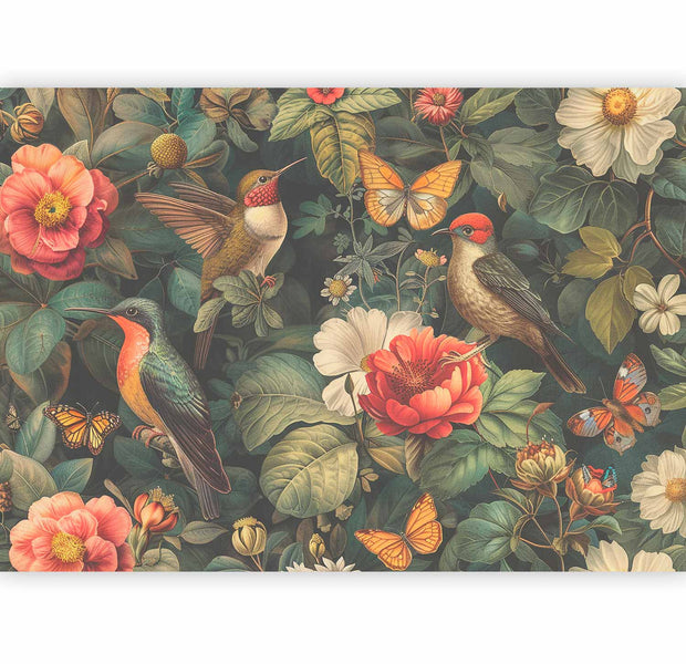 Premium Floral Wall Mural - Flowers, Birds And Butterflies – Vintage-Style Illustration