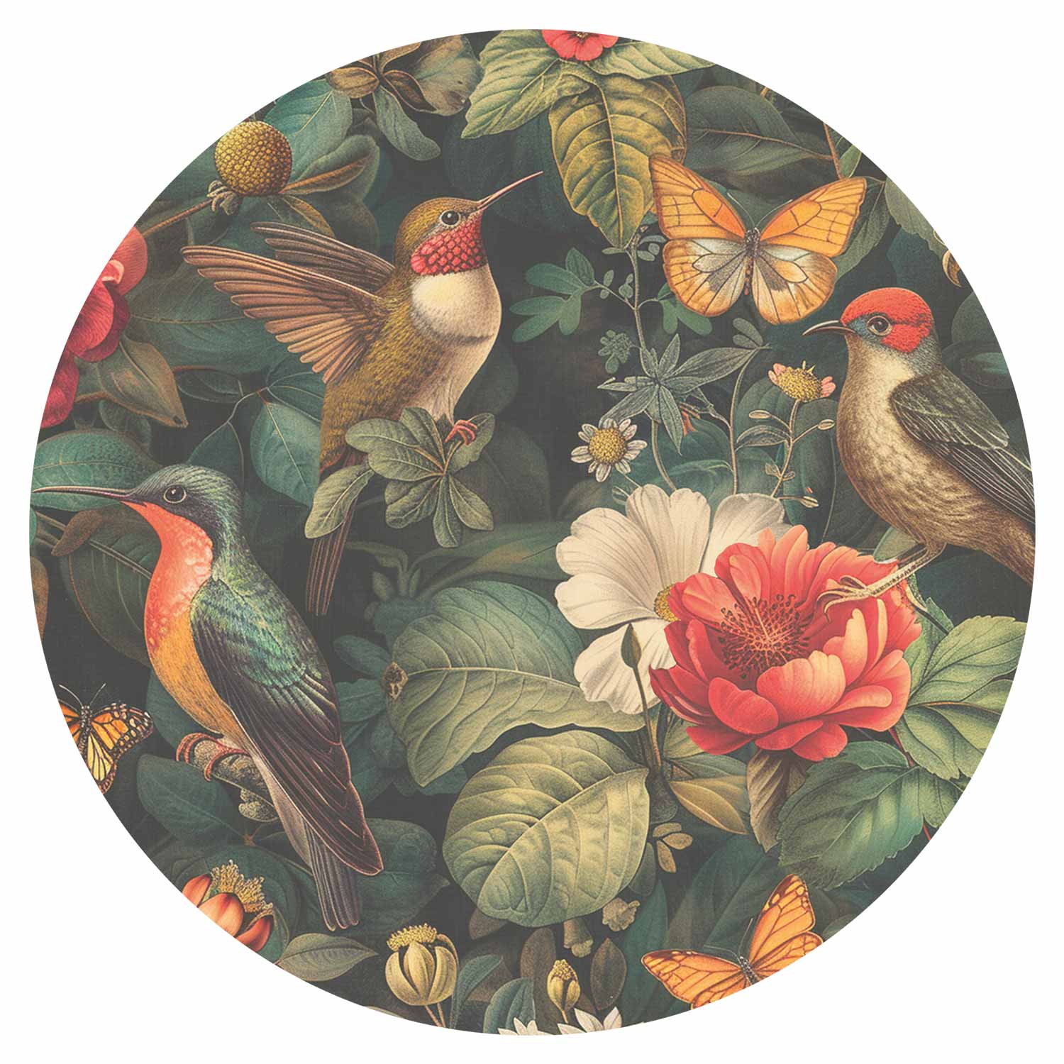 Round Wall Mural - Flowers, Birds And Butterflies – Vintage-Style Illustration