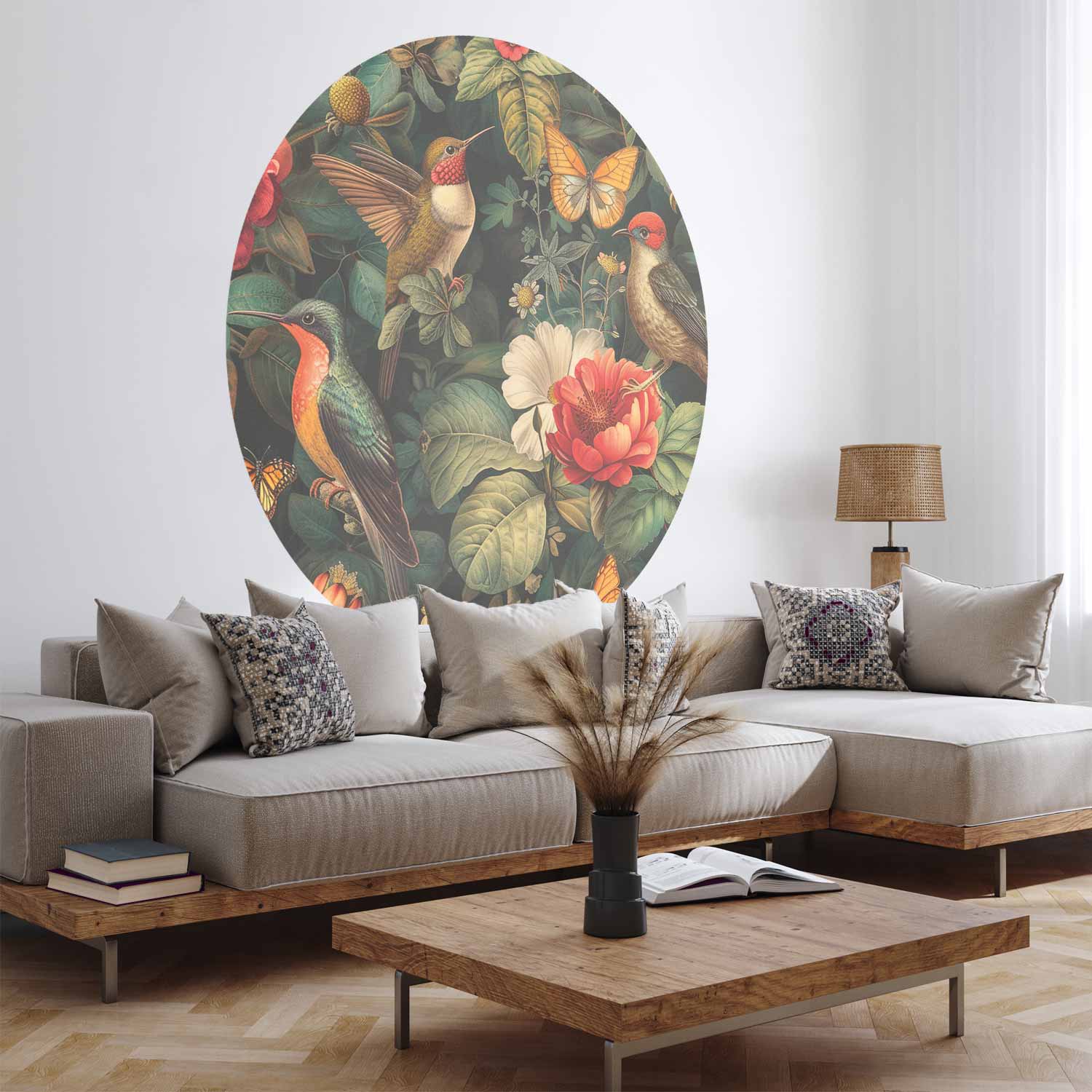 Round Wall Mural - Flowers, Birds And Butterflies – Vintage-Style Illustration