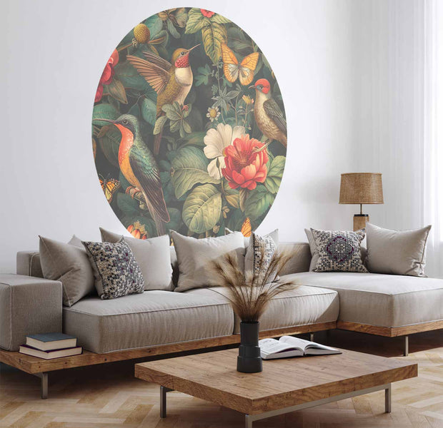 Round Wall Mural - Flowers, Birds And Butterflies – Vintage-Style Illustration