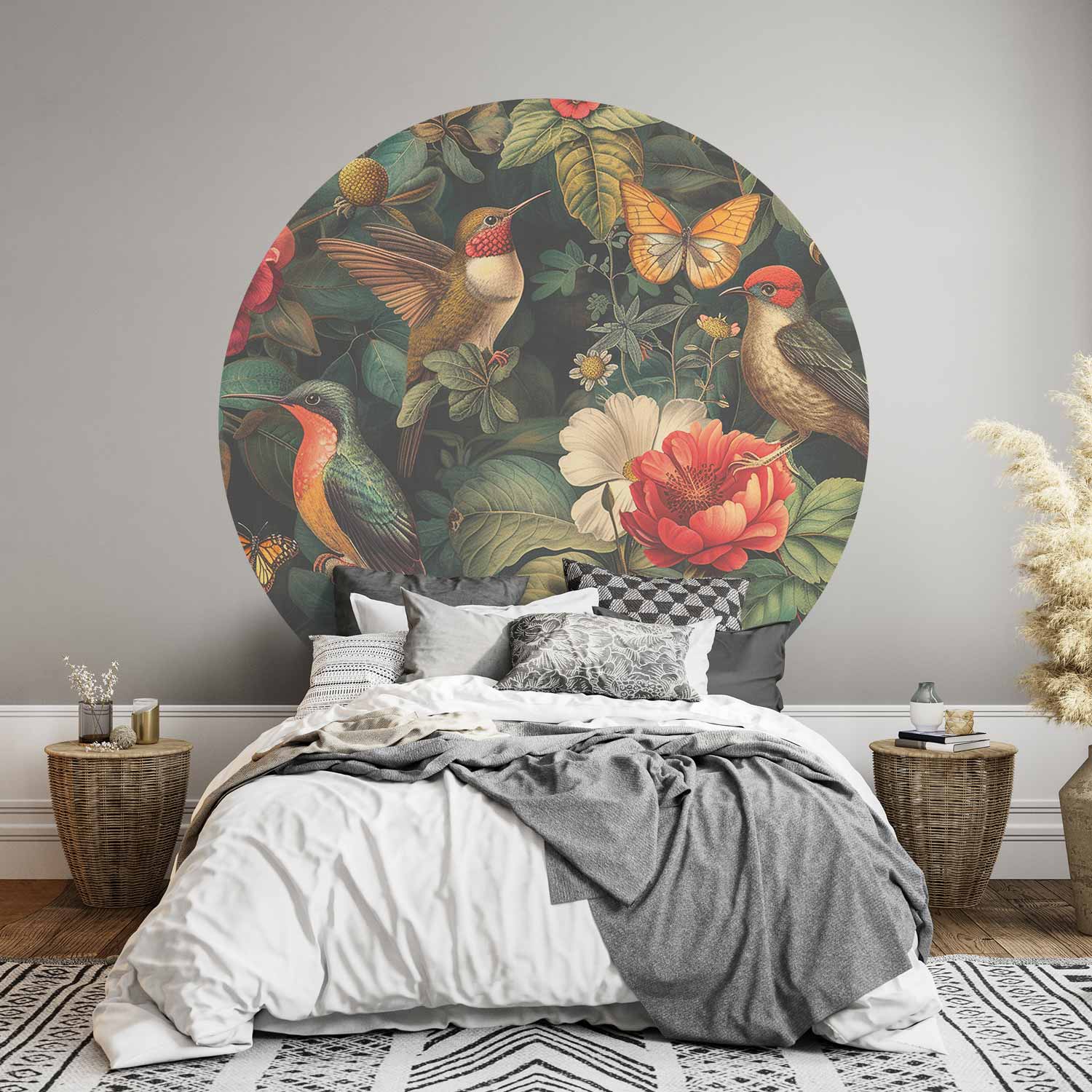 Round Wall Mural - Flowers, Birds And Butterflies – Vintage-Style Illustration