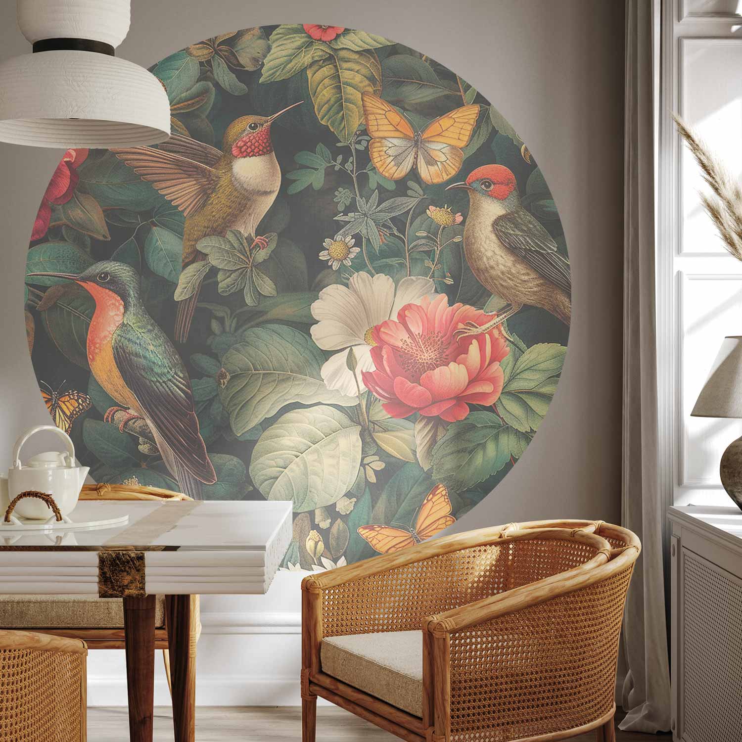 Round Wall Mural - Flowers, Birds And Butterflies – Vintage-Style Illustration
