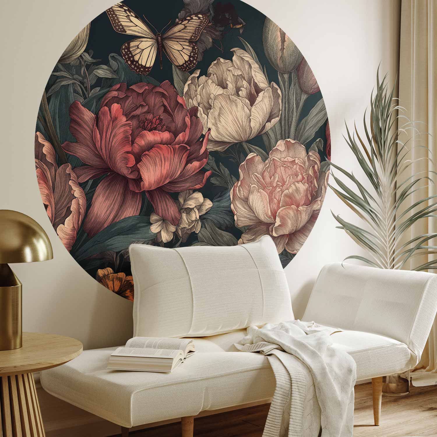 Round Wall Mural - Flowers On A Turquoise Background