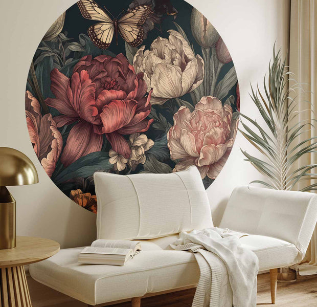 Round Wall Mural - Flowers On A Turquoise Background