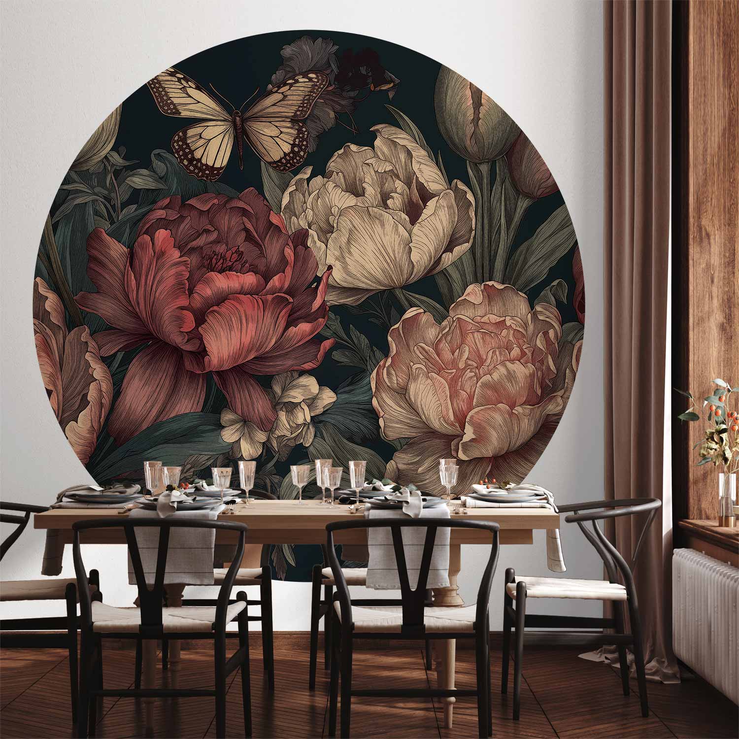 Round Wall Mural - Flowers On A Turquoise Background