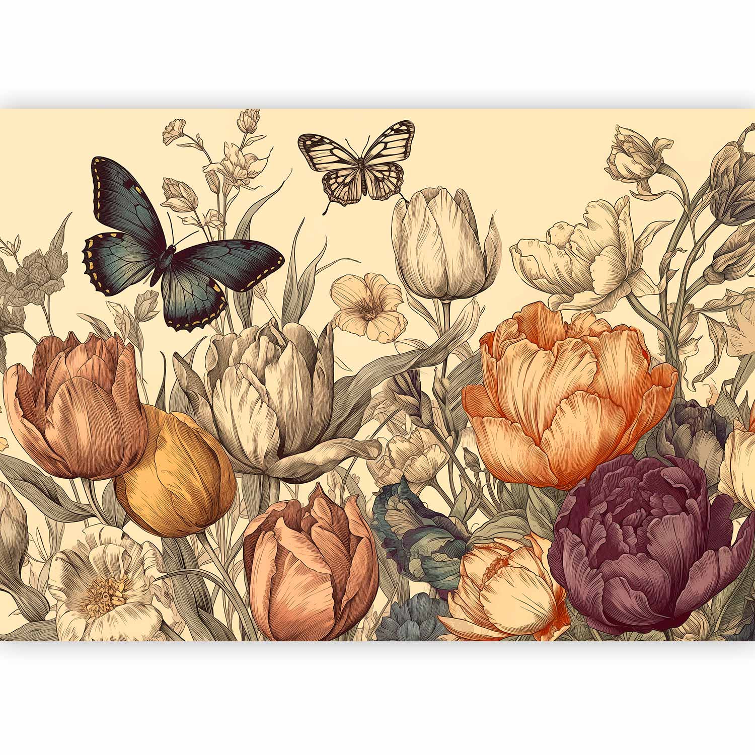 Premium Floral Wall Mural - Colourful Tulips On A Cream Background