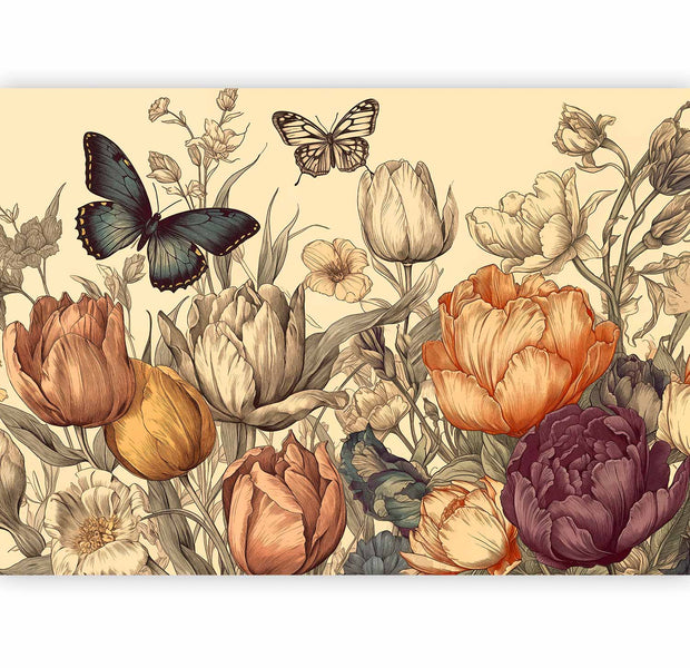 Premium Floral Wall Mural - Colourful Tulips On A Cream Background