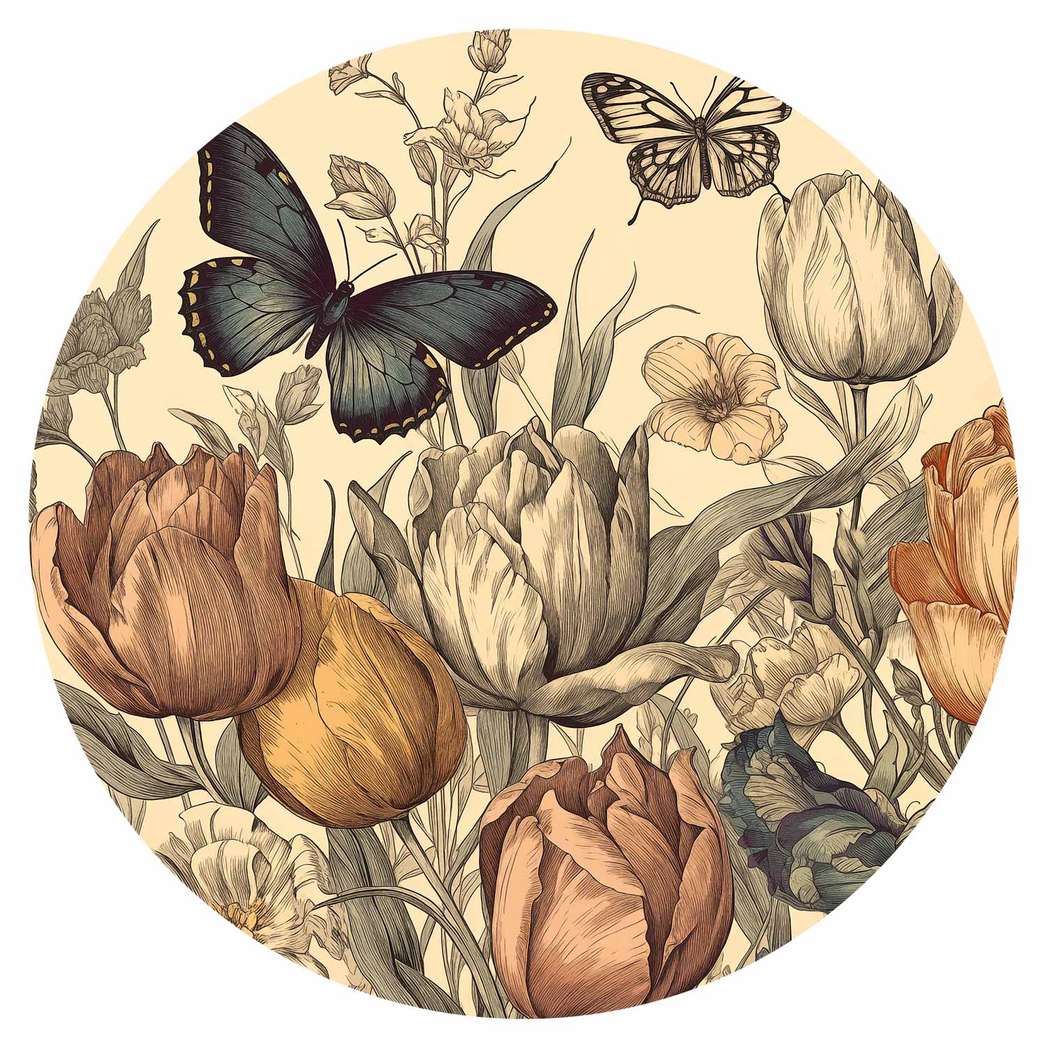 Round Wall Mural - Colourful Tulips On A Cream Background