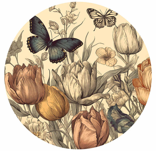 Round Wall Mural - Colourful Tulips On A Cream Background