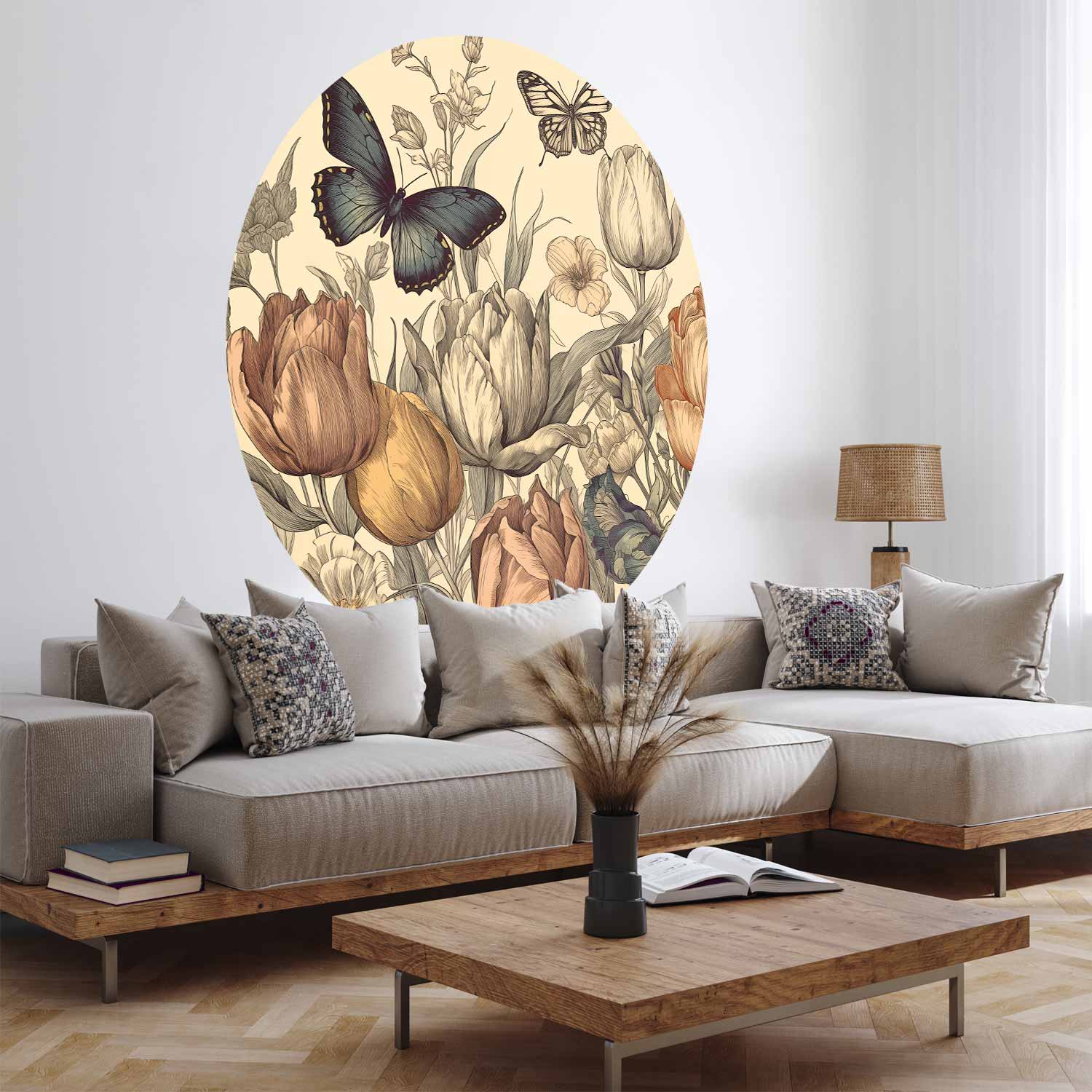 Round Wall Mural - Colourful Tulips On A Cream Background