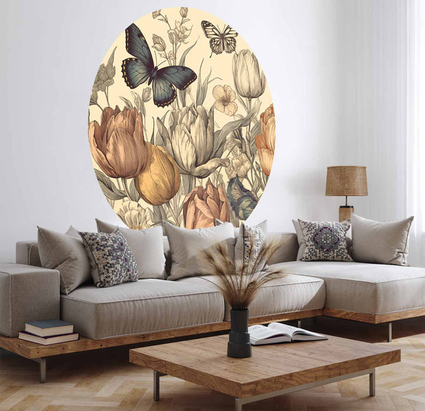 Round Wall Mural - Colourful Tulips On A Cream Background