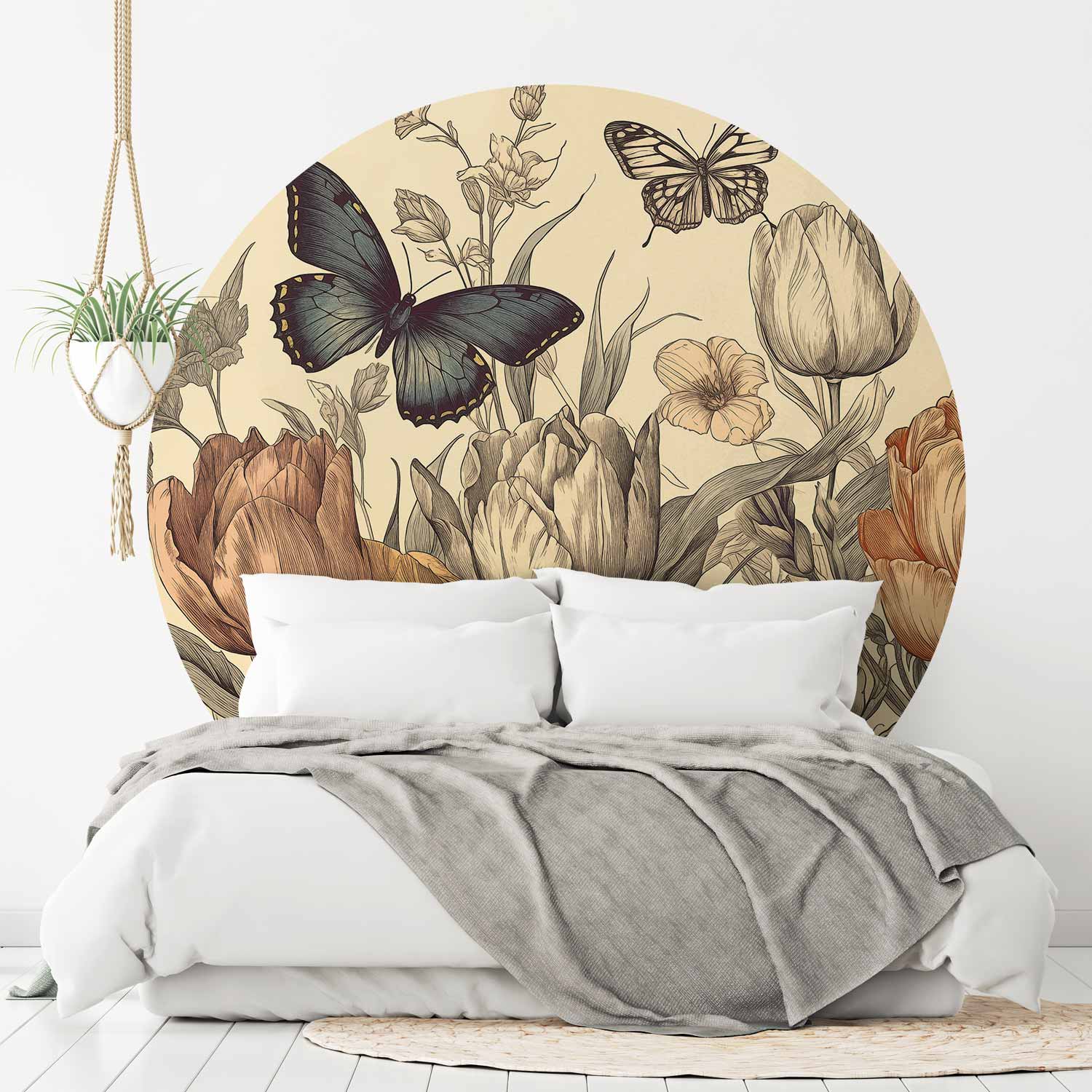 Round Wall Mural - Colourful Tulips On A Cream Background