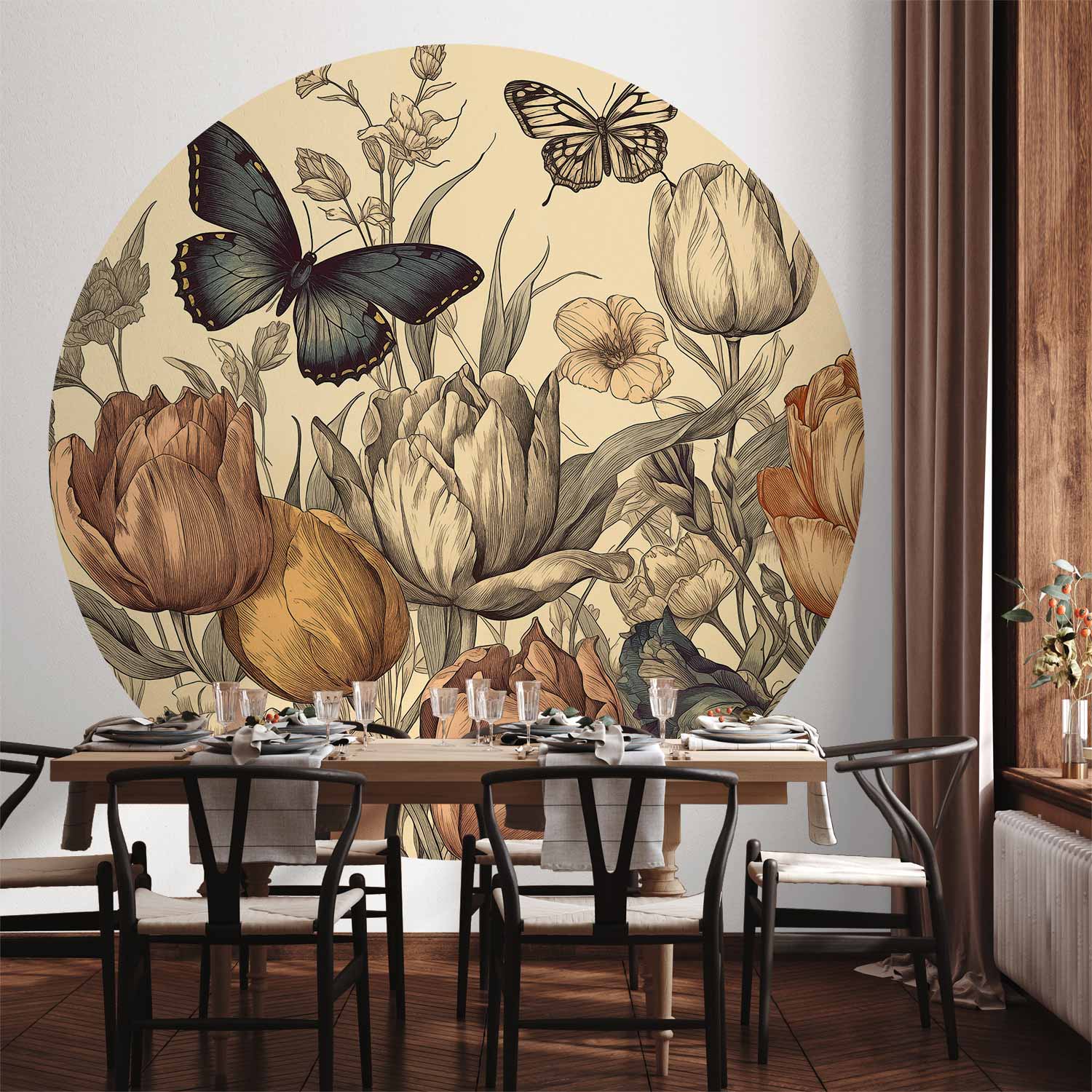 Round Wall Mural - Colourful Tulips On A Cream Background