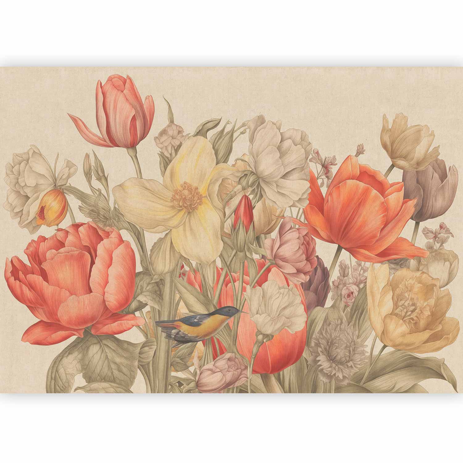 Premium Floral Wall Mural - Bouquet Of Flowers On A Cream Background