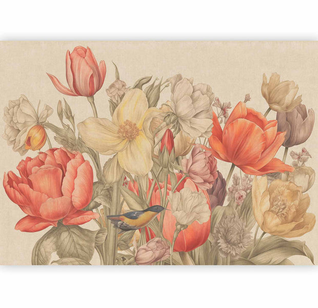 Premium Floral Wall Mural - Bouquet Of Flowers On A Cream Background