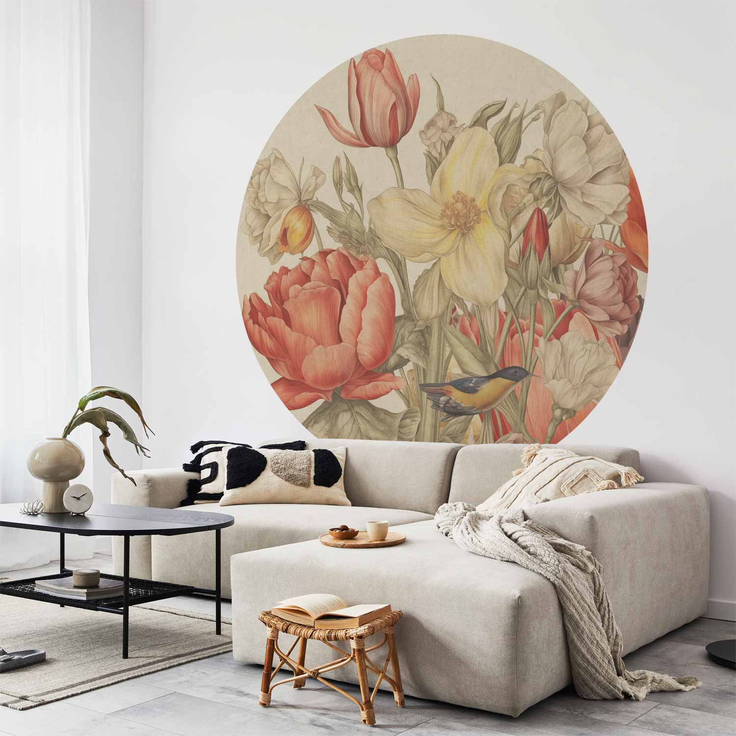Round Wall Mural - Bouquet Of Flowers On A Cream Background