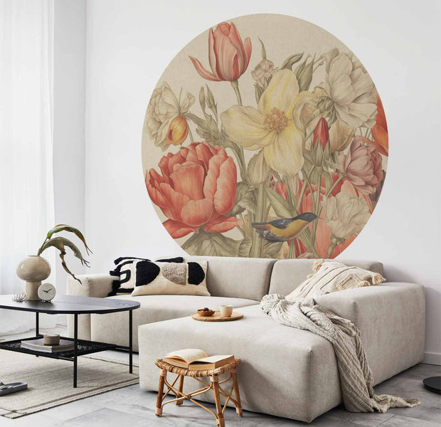Round Wall Mural - Bouquet Of Flowers On A Cream Background