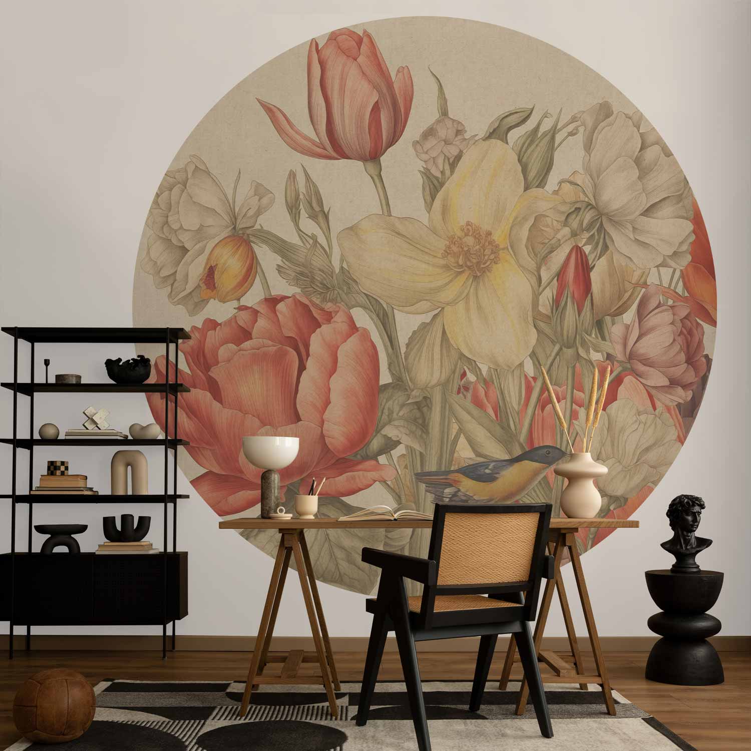 Round Wall Mural - Bouquet Of Flowers On A Cream Background