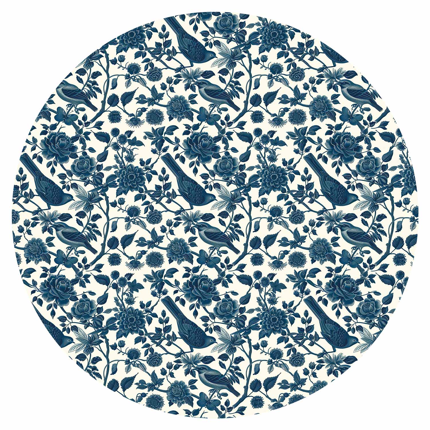 Round Wall Mural - Birds And Roses - Monochrome Blue Pattern With Botanical Motif