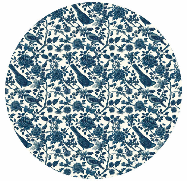 Round Wall Mural - Birds And Roses - Monochrome Blue Pattern With Botanical Motif