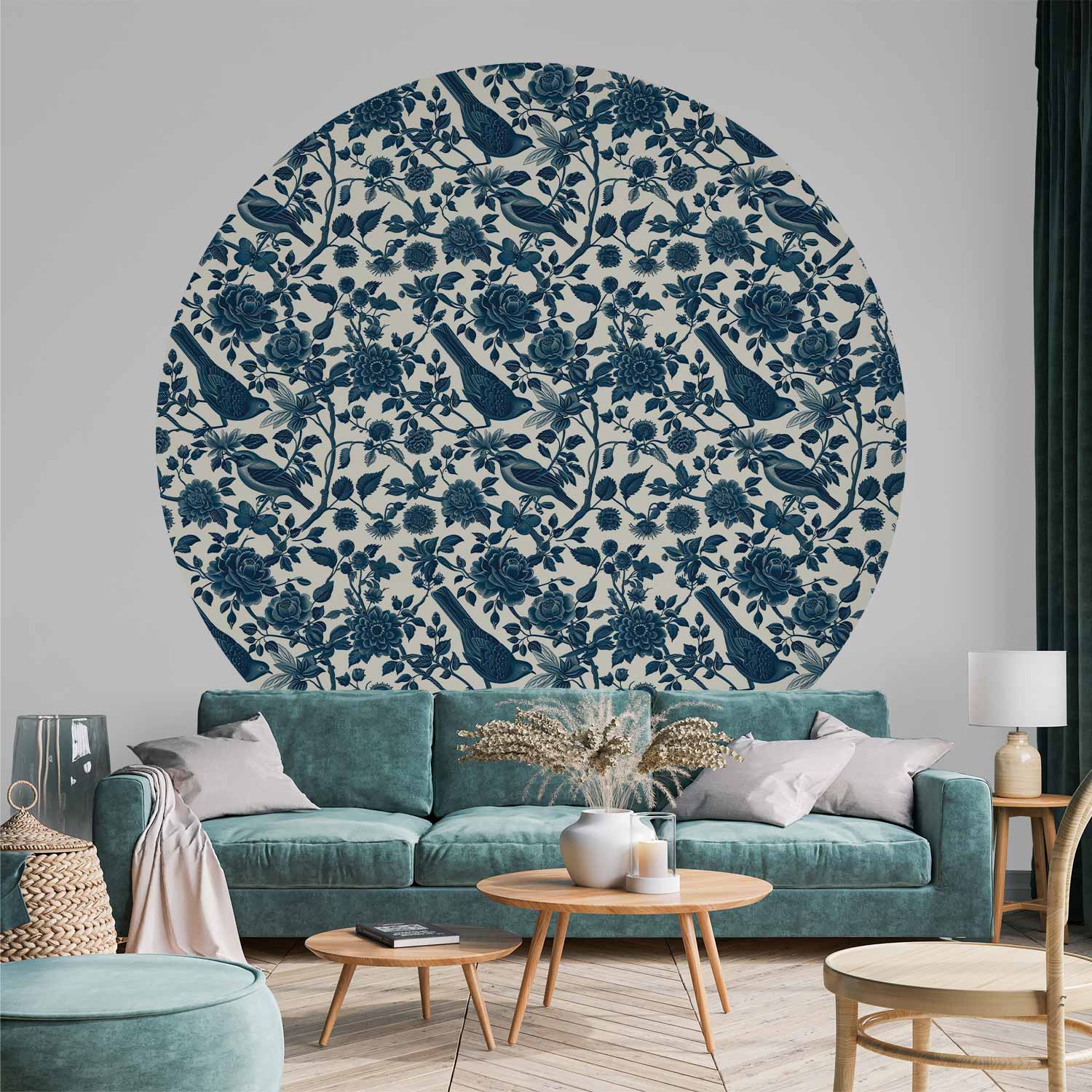 Round Wall Mural - Birds And Roses - Monochrome Blue Pattern With Botanical Motif