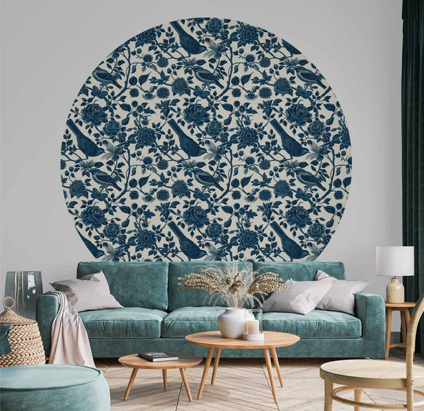 Round Wall Mural - Birds And Roses - Monochrome Blue Pattern With Botanical Motif