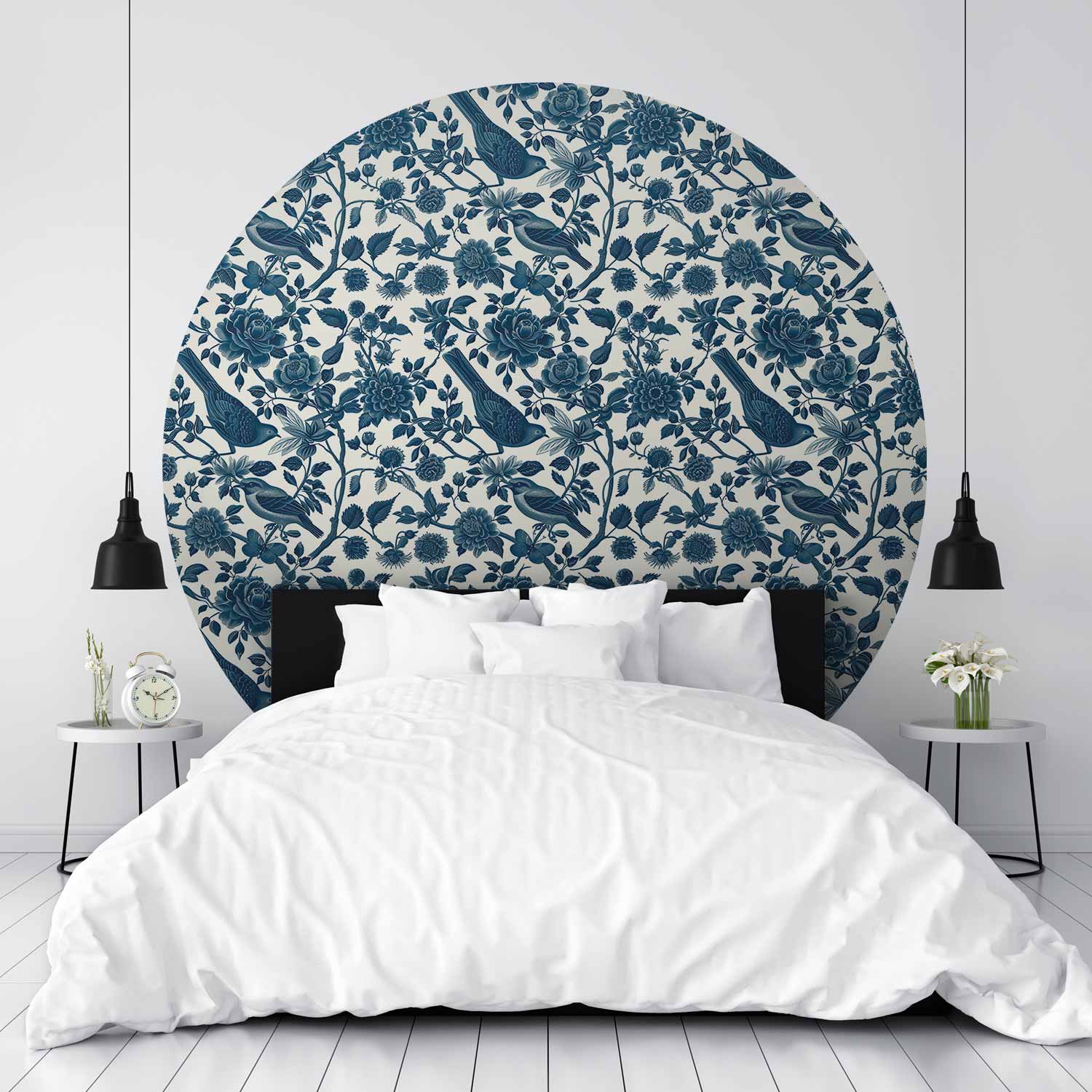Round Wall Mural - Birds And Roses - Monochrome Blue Pattern With Botanical Motif