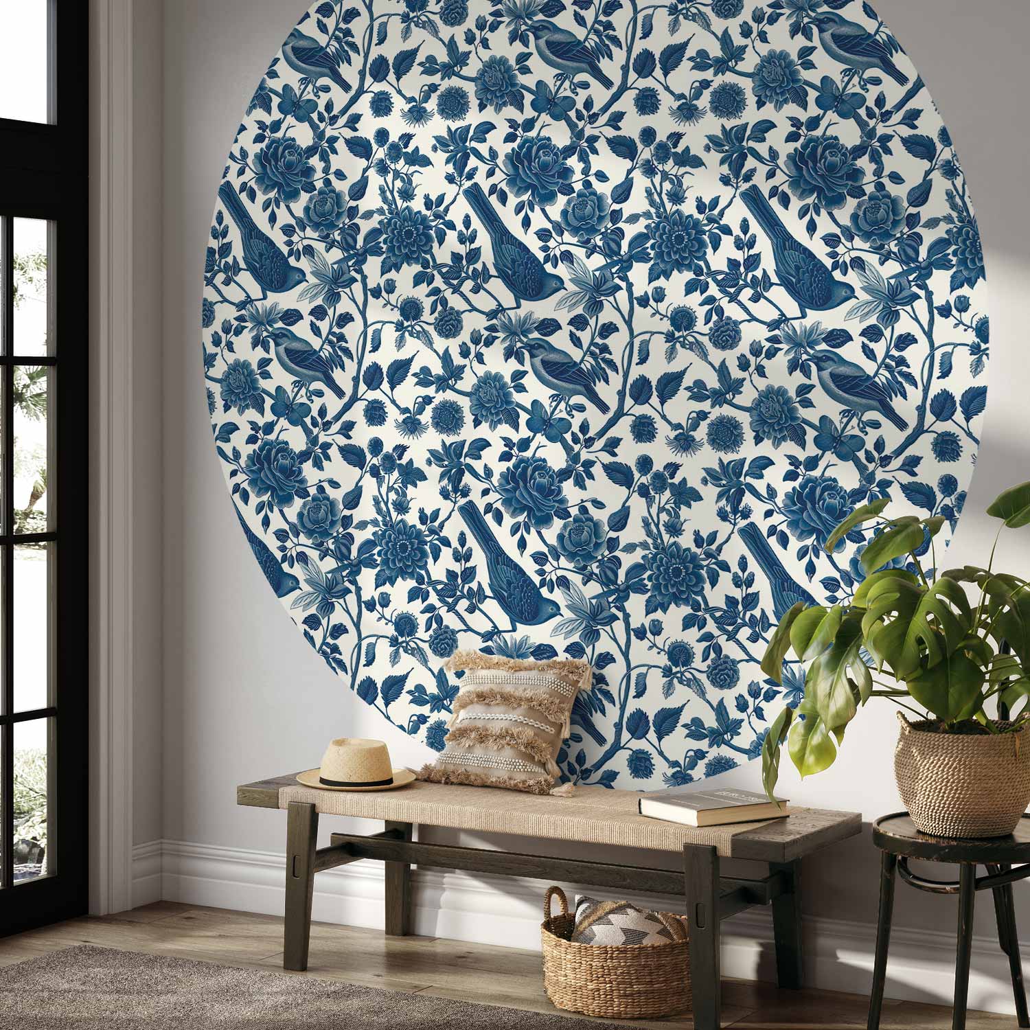 Round Wall Mural - Birds And Roses - Monochrome Blue Pattern With Botanical Motif