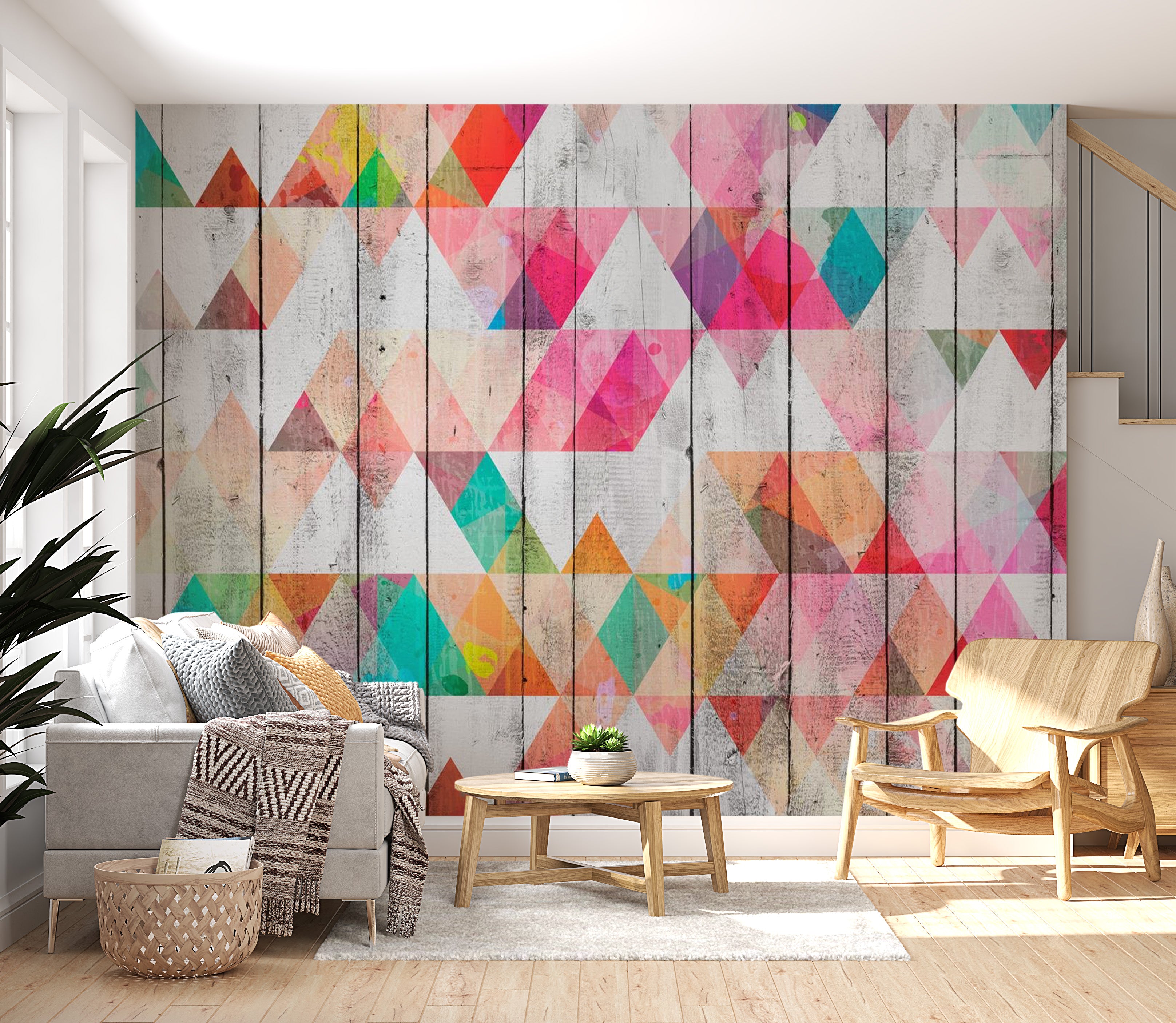 Surface Texture Wallpaper Wall Mural - Rainbow Triangles on Wood