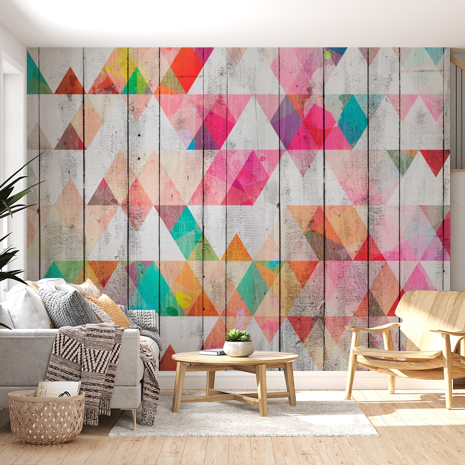 Background & Patterns Wallpaper Wall Mural - Rainbow Triangles on Wood