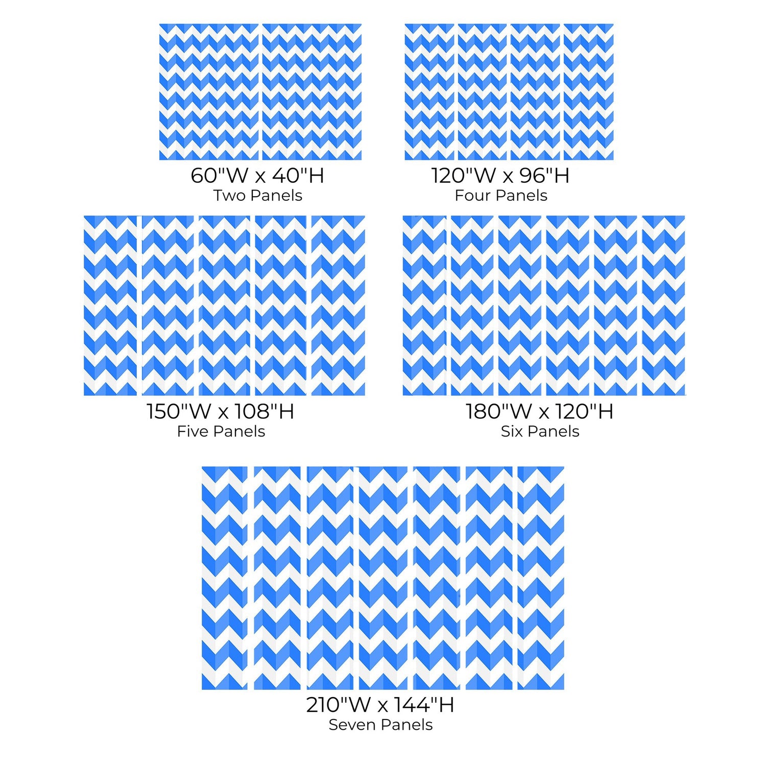 Various sizes of blue chevron wall mural displayed in two, four, five, six, and seven panels.