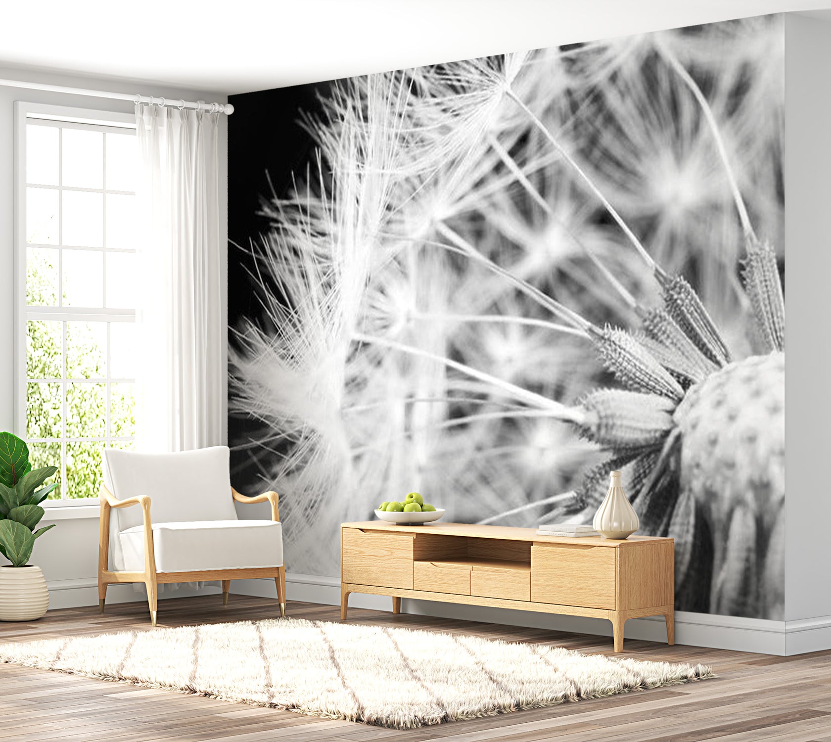 Botanical Wallpaper Wall Mural - Black And White Dandelion