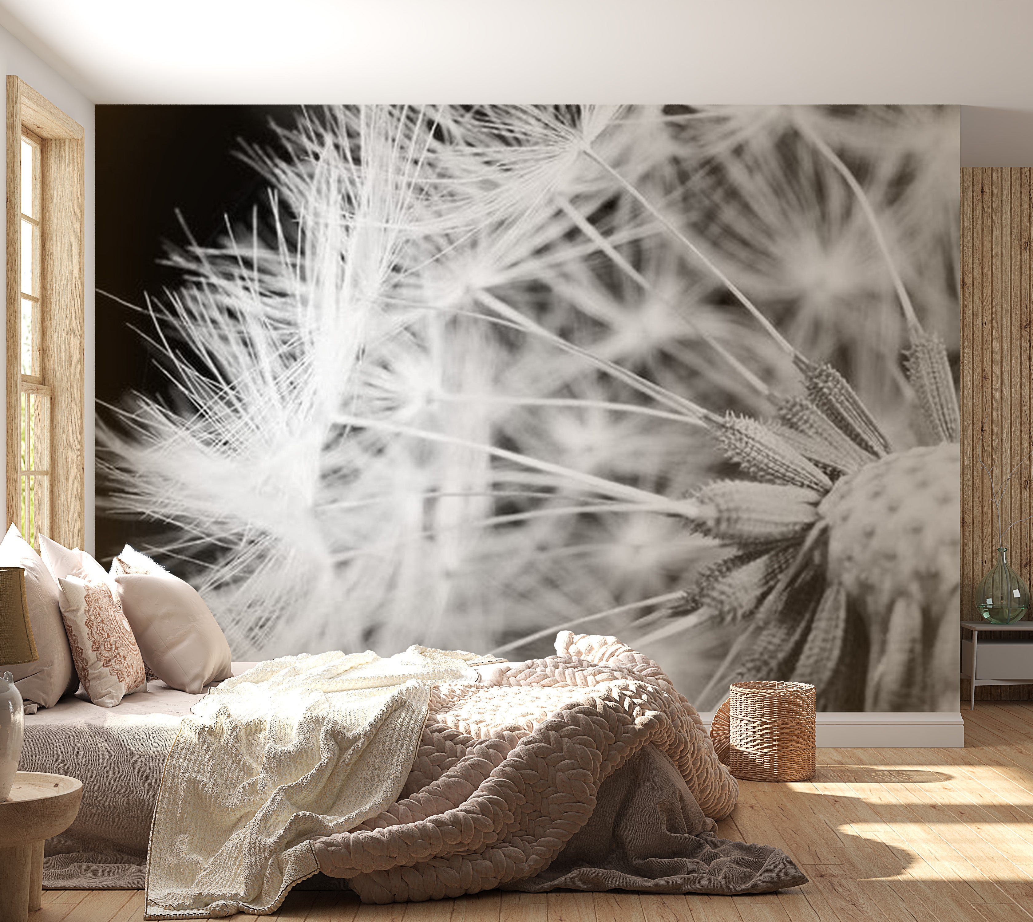 Botanical Wallpaper Wall Mural - Black And White Dandelion