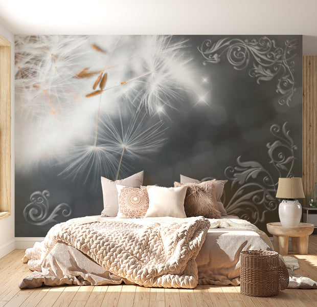 Botanical Wallpaper Wall Mural - Dandelions On Grey Background